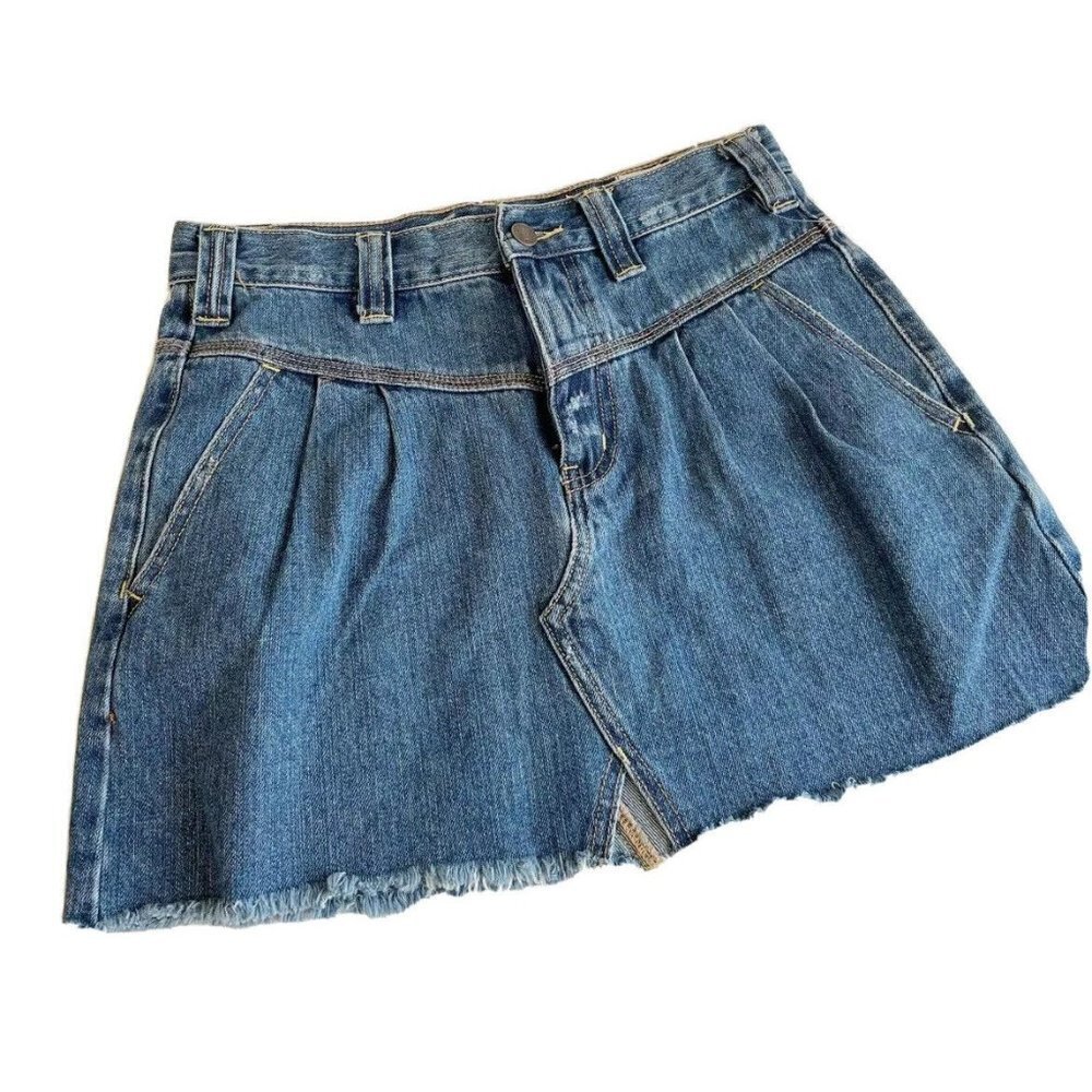 Free People Womens Side Car Denim Mini Skirt Size 26 Blue Raw Hem Dark Wash New